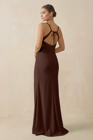 Sheath Spaghetti Straps Chiffon Long Bridesmaid Dress in Espresso - SHE IS ME Bridesmaid Dresses