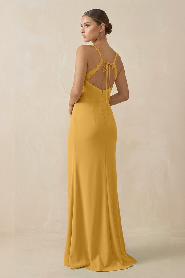 Sheath Spaghetti Straps Chiffon Long Bridesmaid Dress in Marigold - SHE IS ME Bridesmaid Dresses