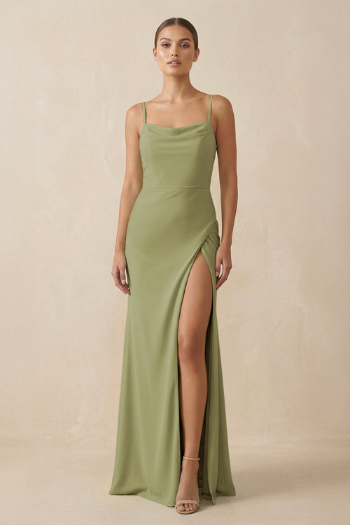 Sheath Spaghetti Straps Chiffon Long Bridesmaid Dress in Moss Green - SHE IS ME Bridesmaid Dresses