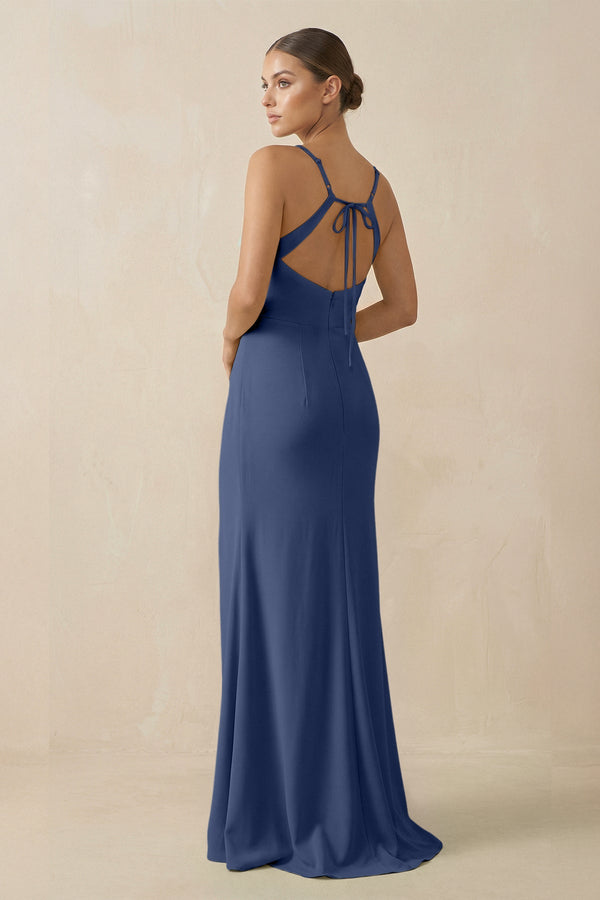Sheath Spaghetti Straps Chiffon Long Bridesmaid Dress in Navy - SHE IS ME Bridesmaid Dresses