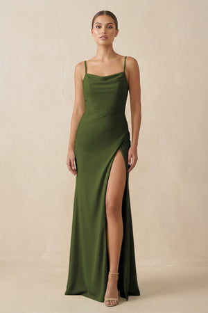 Sheath Spaghetti Straps Chiffon Long Bridesmaid Dress in Olive - SHE IS ME Bridesmaid Dresses