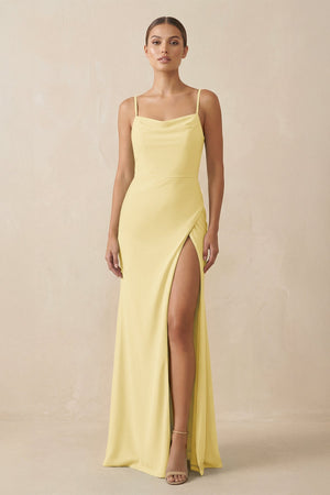 Sheath Spaghetti Straps Chiffon Long Bridesmaid Dress in Pastel Yellow - SHE IS ME Bridesmaid Dresses