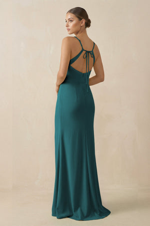 Sheath Spaghetti Straps Chiffon Long Bridesmaid Dress in Pine - SHE IS ME Bridesmaid Dresses