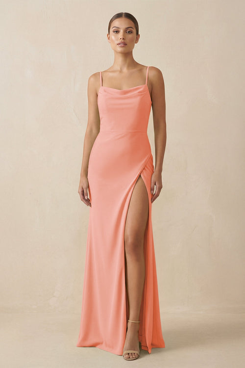 Sheath Spaghetti Straps Chiffon Long Bridesmaid Dress in Rosette - SHE IS ME Bridesmaid Dresses