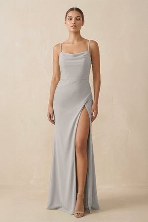 Sheath Spaghetti Straps Chiffon Long Bridesmaid Dress in Silver - SHE IS ME Bridesmaid Dresses