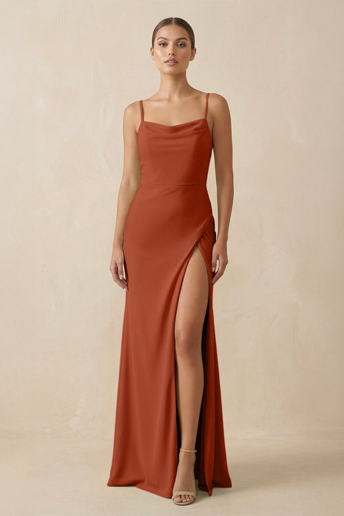 Sheath Spaghetti Straps Chiffon Long Bridesmaid Dress in Spice - SHE IS ME Bridesmaid Dresses