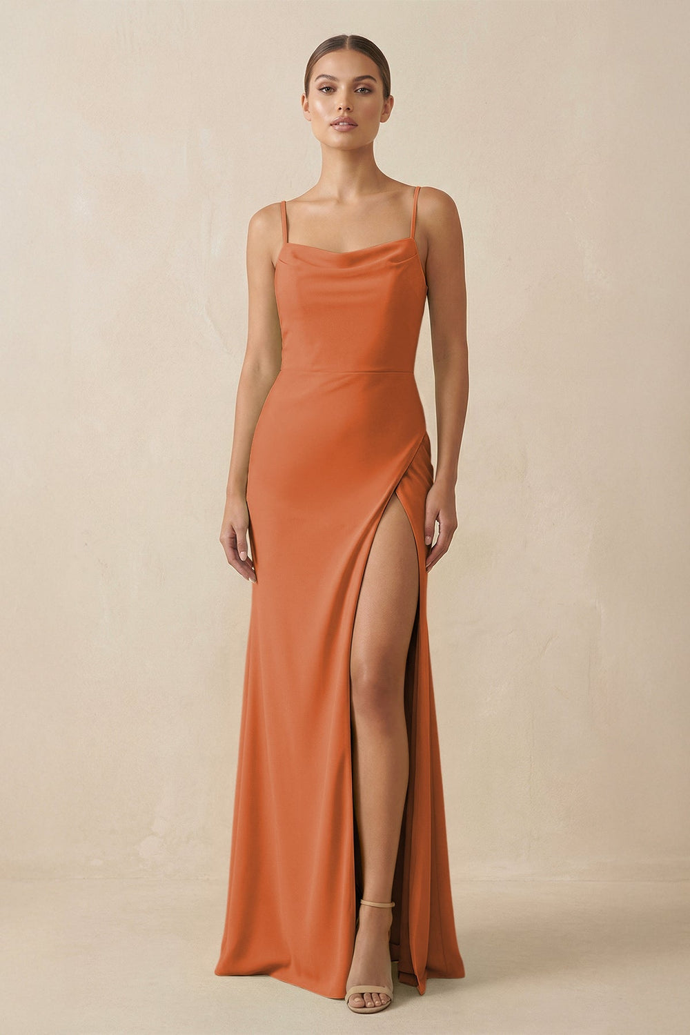 Sheath Spaghetti Straps Chiffon Long Bridesmaid Dress in Terracotta - SHE IS ME Bridesmaid Dresses