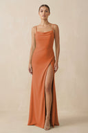 Sheath Spaghetti Straps Chiffon Long Bridesmaid Dress in Terracotta - SHE IS ME Bridesmaid Dresses
