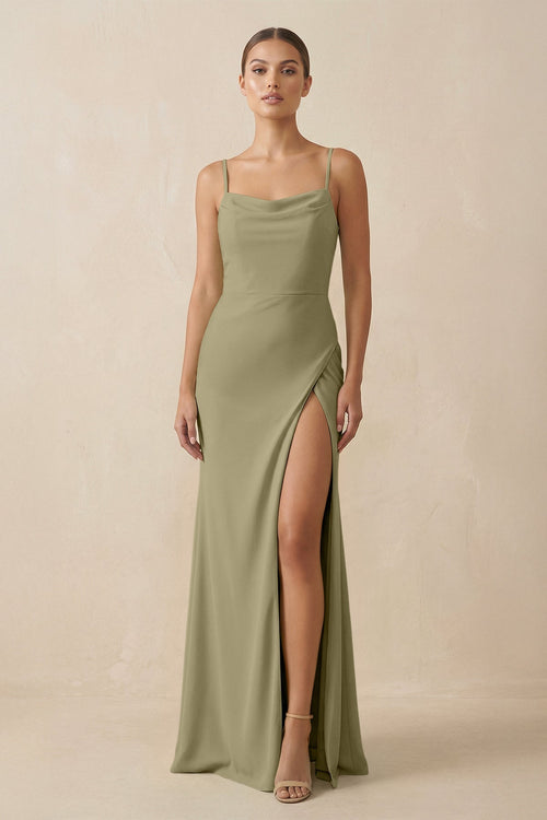 Sheath Spaghetti Straps Chiffon Long Bridesmaid Dress in Thyme - SHE IS ME Bridesmaid Dresses