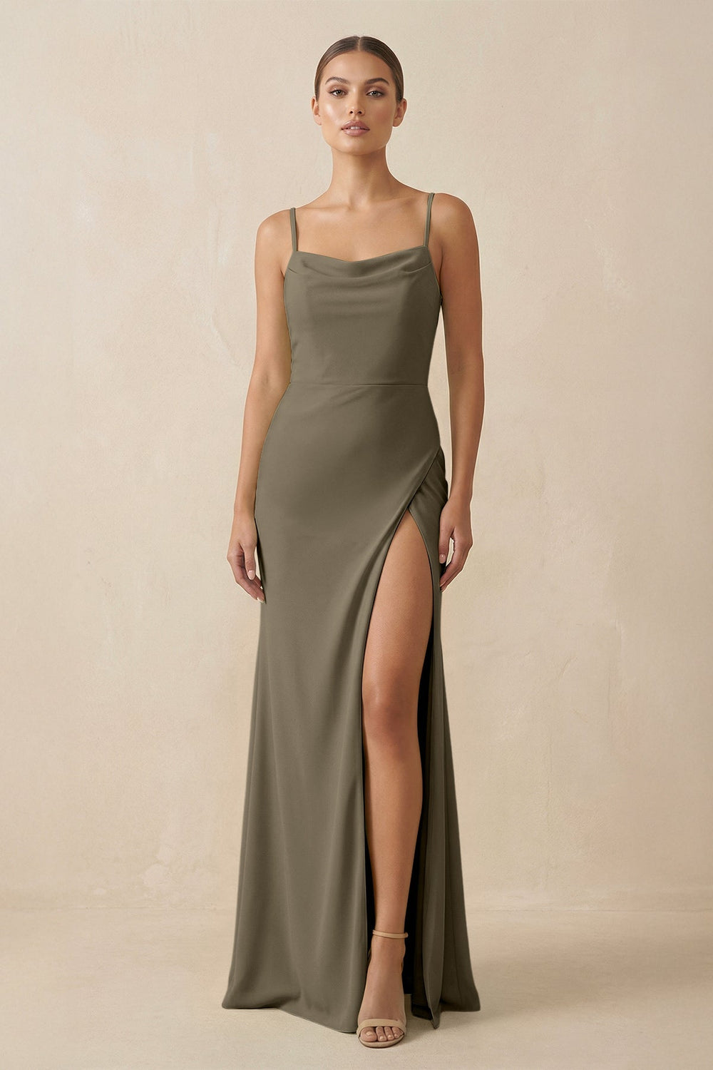 Sheath Spaghetti Straps Chiffon Long Bridesmaid Dress in Willow Green - SHE IS ME Bridesmaid Dresses