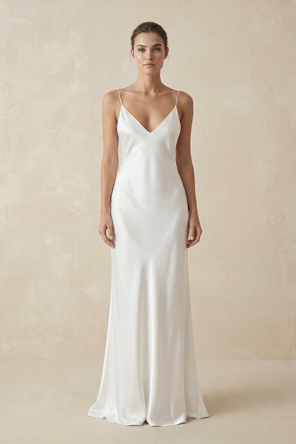 Sheath Spaghetti Straps V - Neck Wedding Dress in White - SHE IS ME Wedding Dresses
