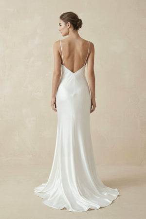 Sheath Spaghetti Straps V - Neck Wedding Dress in White - SHE IS ME Wedding Dresses