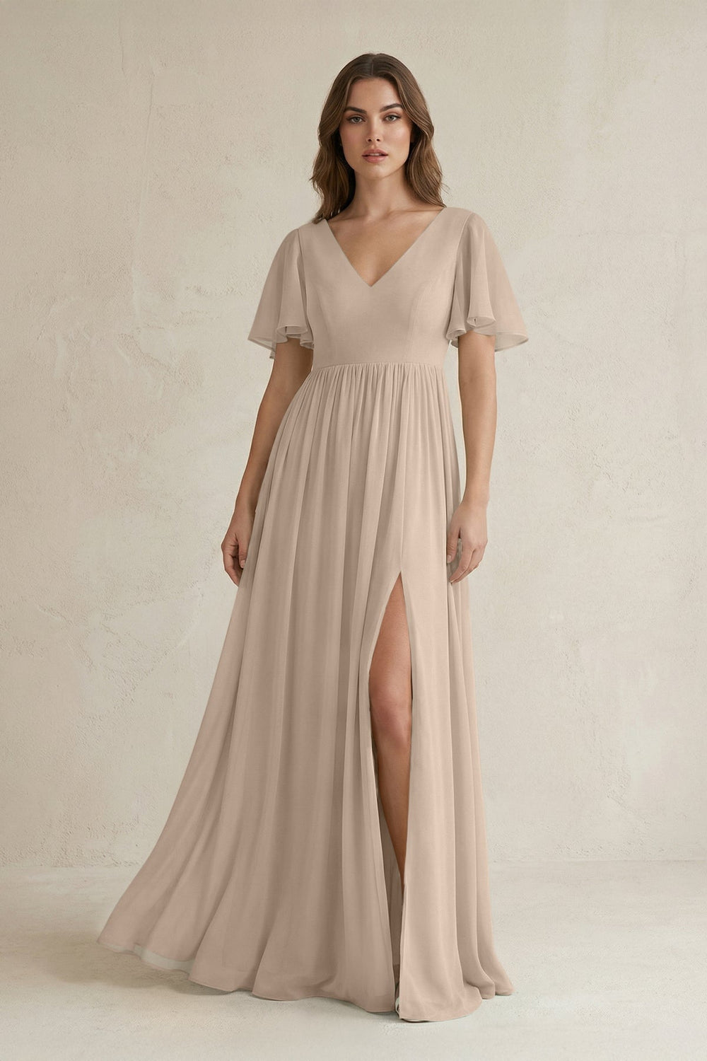 Short Sleeve V - Neck A - Line Chiffon Bridesmaid Dress in Almond - SHE IS ME Bridesmaid Dresses