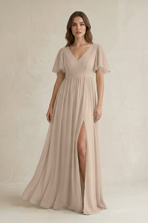Short Sleeve V - Neck A - Line Chiffon Bridesmaid Dress in Almond - SHE IS ME Bridesmaid Dresses