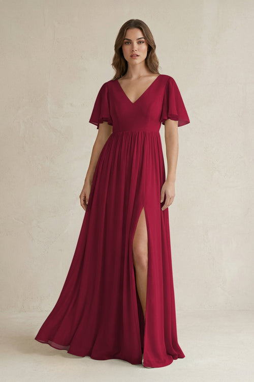 Short Sleeve V - Neck A - Line Chiffon Bridesmaid Dress in Berry - SHE IS ME Bridesmaid Dresses