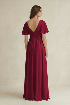Short Sleeve V - Neck A - Line Chiffon Bridesmaid Dress in Berry - SHE IS ME Bridesmaid Dresses