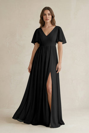 Short Sleeve V - Neck A - Line Chiffon Bridesmaid Dress in Black - SHE IS ME Bridesmaid Dresses