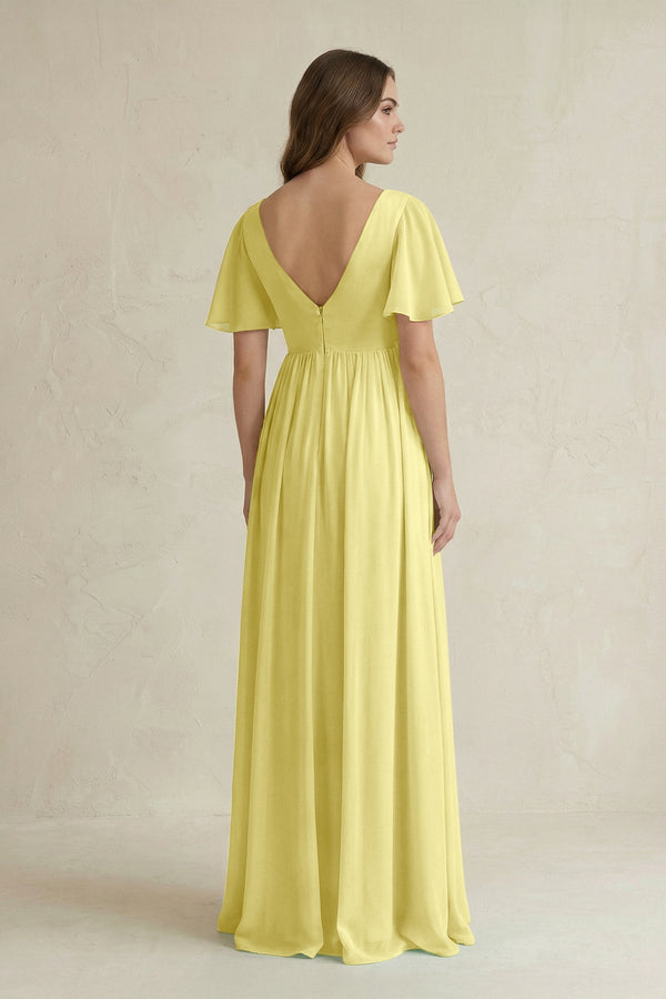 Short Sleeve V - Neck A - Line Chiffon Bridesmaid Dress in Buttercup - SHE IS ME Bridesmaid Dresses