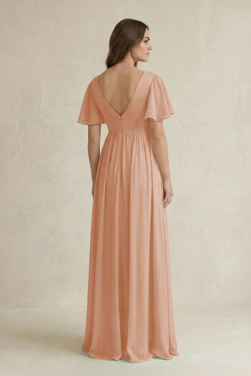Short Sleeve V - Neck A - Line Chiffon Bridesmaid Dress in Champagne Rose - SHE IS ME Bridesmaid Dresses