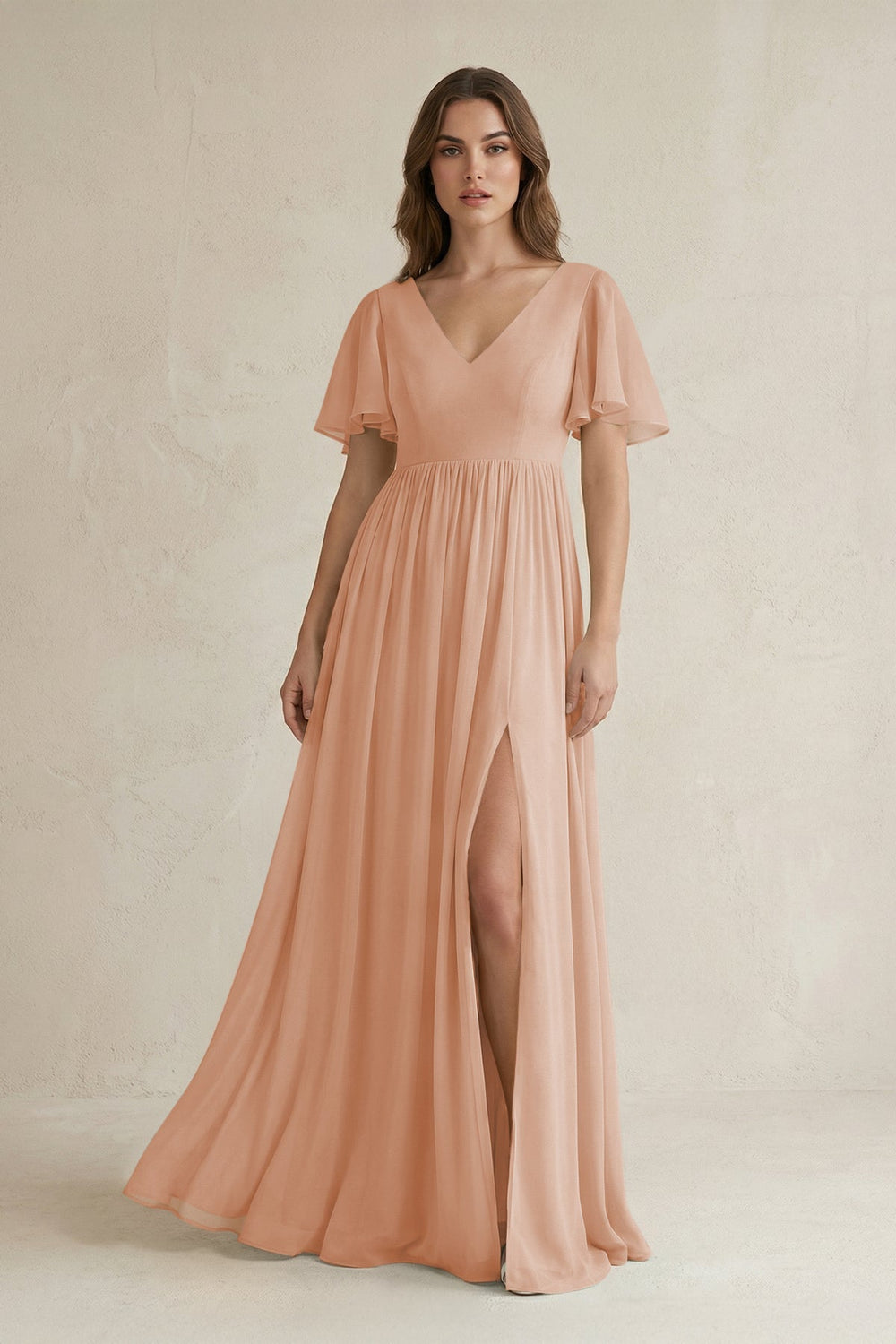 Short Sleeve V - Neck A - Line Chiffon Bridesmaid Dress in Champagne Rose - SHE IS ME Bridesmaid Dresses