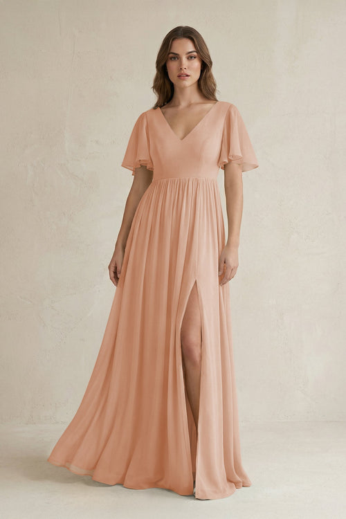 Short Sleeve V - Neck A - Line Chiffon Bridesmaid Dress in Champagne Rose - SHE IS ME Bridesmaid Dresses