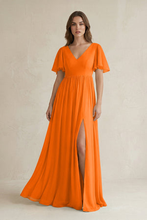 Short Sleeve V - Neck A - Line Chiffon Bridesmaid Dress in Cinnamon - SHE IS ME Bridesmaid Dresses
