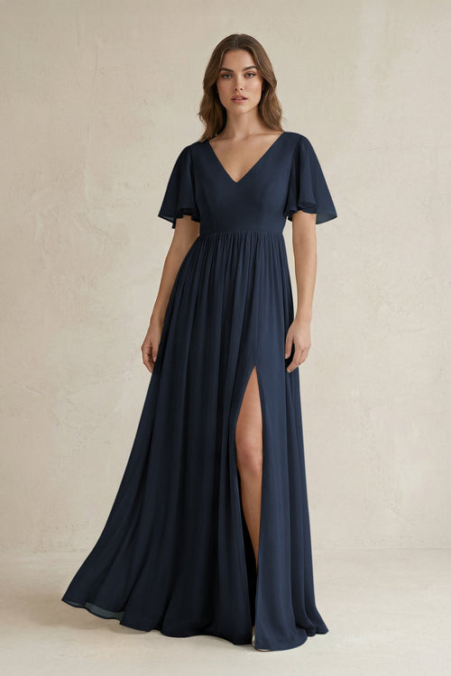 Short Sleeve V - Neck A - Line Chiffon Bridesmaid Dress in Dark Navy - SHE IS ME Bridesmaid Dresses