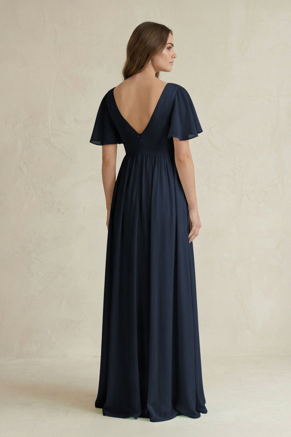 Short Sleeve V - Neck A - Line Chiffon Bridesmaid Dress in Dark Navy - SHE IS ME Bridesmaid Dresses