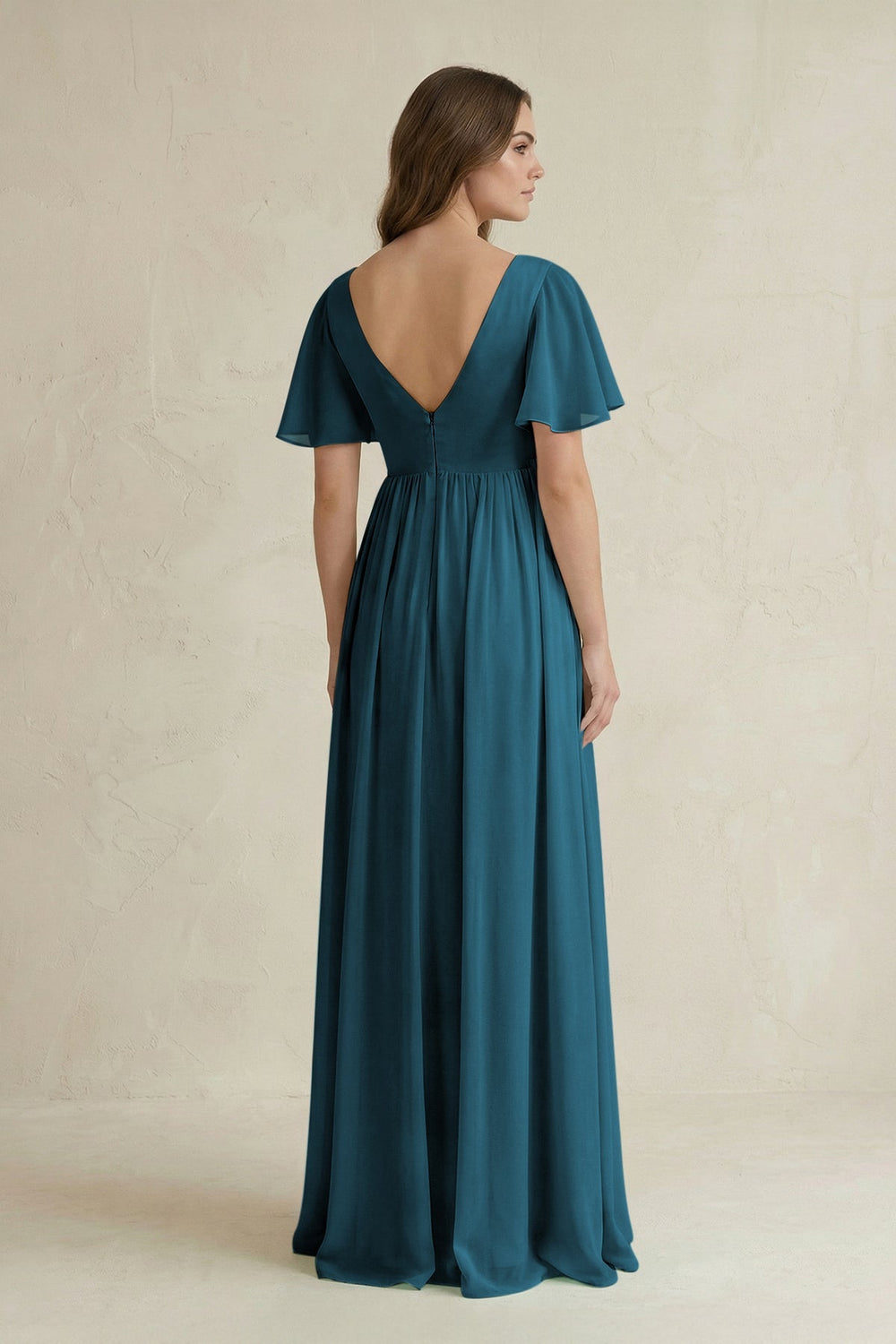 Short Sleeve V - Neck A - Line Chiffon Bridesmaid Dress in Dark Teal - SHE IS ME Bridesmaid Dresses