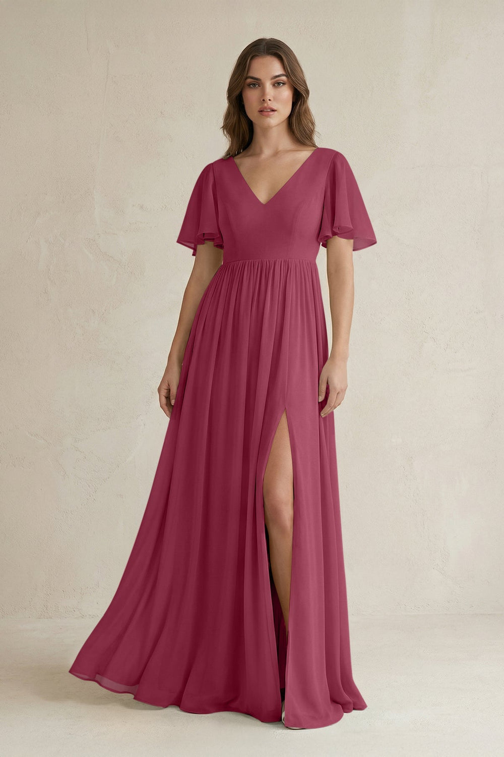 Short Sleeve V - Neck A - Line Chiffon Bridesmaid Dress in Desert Rose - SHE IS ME Bridesmaid Dresses