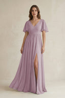 Short Sleeve V - Neck A - Line Chiffon Bridesmaid Dress in Dusk - SHE IS ME Bridesmaid Dresses