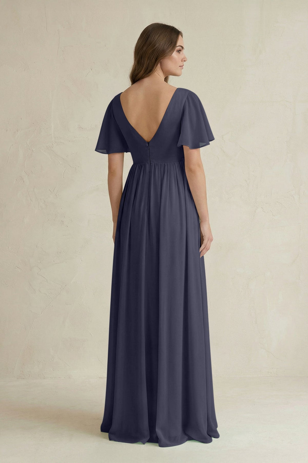 Short Sleeve V - Neck A - Line Chiffon Bridesmaid Dress in Dusk Blue - SHE IS ME Bridesmaid Dresses