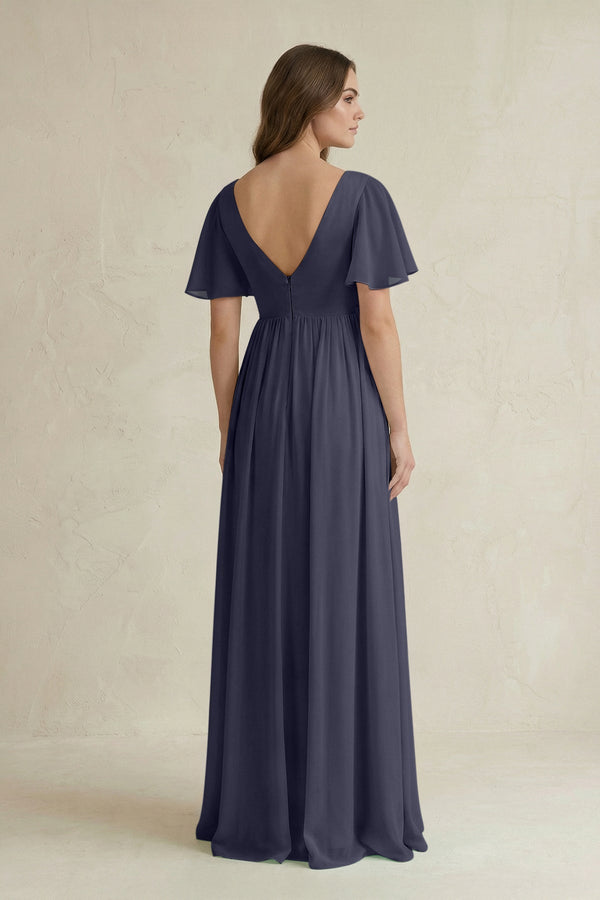 Short Sleeve V - Neck A - Line Chiffon Bridesmaid Dress in Dusk Blue - SHE IS ME Bridesmaid Dresses
