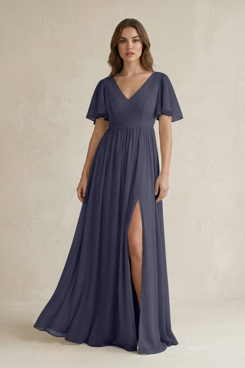 Short Sleeve V - Neck A - Line Chiffon Bridesmaid Dress in Dusk Blue - SHE IS ME Bridesmaid Dresses