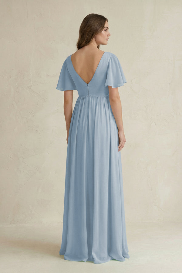 Short Sleeve V - Neck A - Line Chiffon Bridesmaid Dress in Dusty Blue - SHE IS ME Bridesmaid Dresses