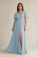 Short Sleeve V - Neck A - Line Chiffon Bridesmaid Dress in Dusty Blue - SHE IS ME Bridesmaid Dresses