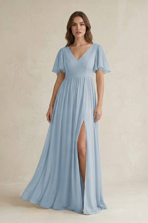 Short Sleeve V - Neck A - Line Chiffon Bridesmaid Dress in Dusty Blue - SHE IS ME Bridesmaid Dresses