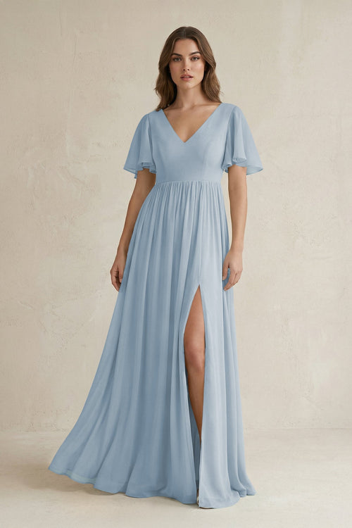 Short Sleeve V - Neck A - Line Chiffon Bridesmaid Dress in Dusty Blue - SHE IS ME Bridesmaid Dresses