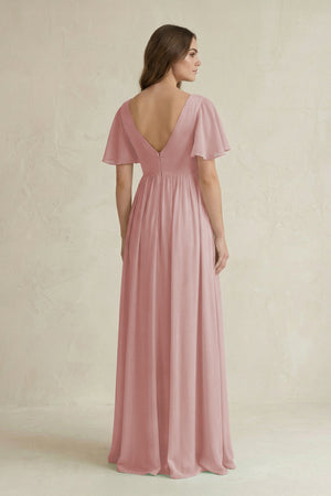 Short Sleeve V - Neck A - Line Chiffon Bridesmaid Dress in Dusty Rose - SHE IS ME Bridesmaid Dresses