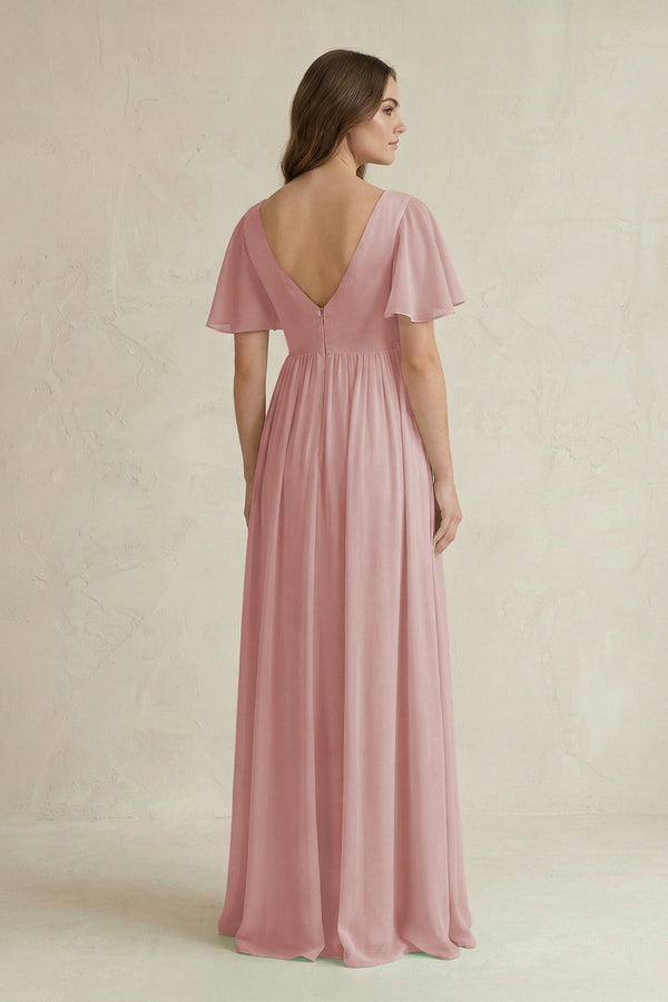 Short Sleeve V - Neck A - Line Chiffon Bridesmaid Dress in Dusty Rose - SHE IS ME Bridesmaid Dresses