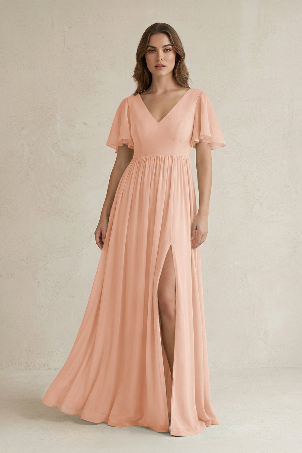 Short Sleeve V - Neck A - Line Chiffon Bridesmaid Dress in English Rose - SHE IS ME Bridesmaid Dresses