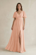 Short Sleeve V - Neck A - Line Chiffon Bridesmaid Dress in English Rose - SHE IS ME Bridesmaid Dresses