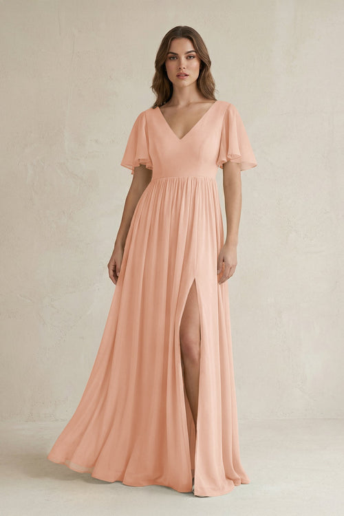 Short Sleeve V - Neck A - Line Chiffon Bridesmaid Dress in English Rose - SHE IS ME Bridesmaid Dresses