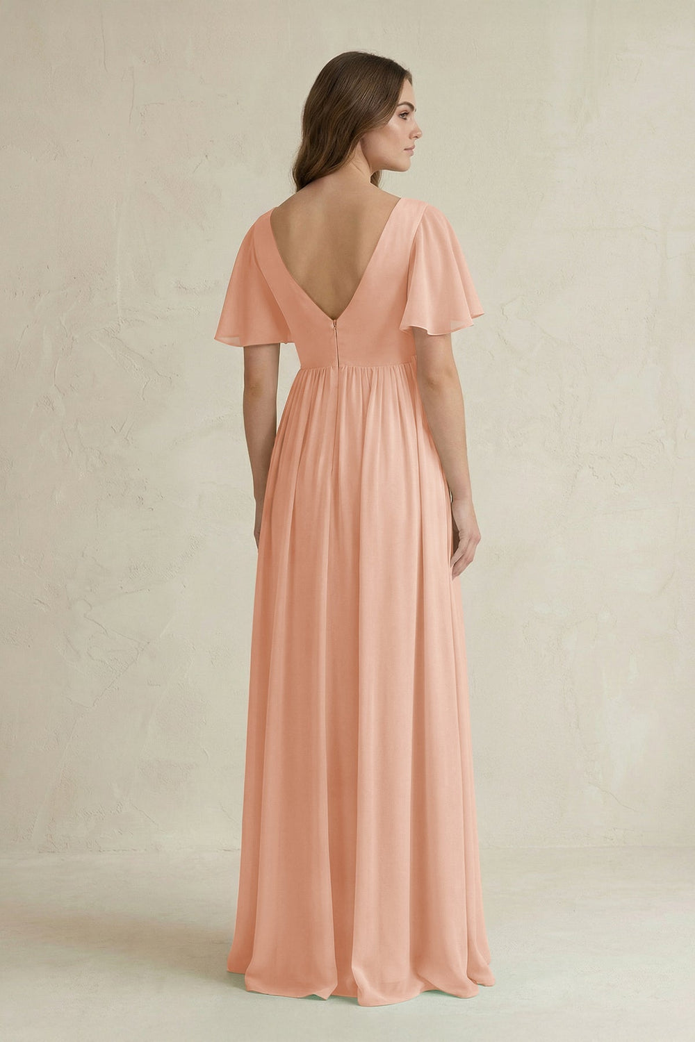 Short Sleeve V - Neck A - Line Chiffon Bridesmaid Dress in English Rose - SHE IS ME Bridesmaid Dresses