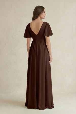 Short Sleeve V - Neck A - Line Chiffon Bridesmaid Dress in Espresso - SHE IS ME Bridesmaid Dresses