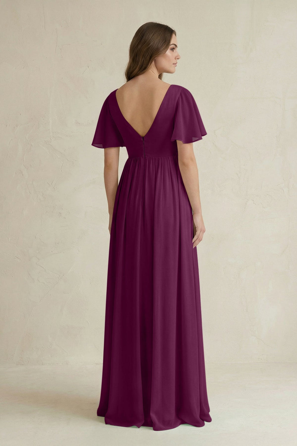 Short Sleeve V - Neck A - Line Chiffon Bridesmaid Dress in Fig - SHE IS ME Bridesmaid Dresses