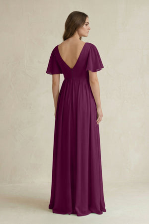 Short Sleeve V - Neck A - Line Chiffon Bridesmaid Dress in Fig - SHE IS ME Bridesmaid Dresses