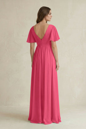 Short Sleeve V - Neck A - Line Chiffon Bridesmaid Dress in Fuchsia - SHE IS ME Bridesmaid Dresses