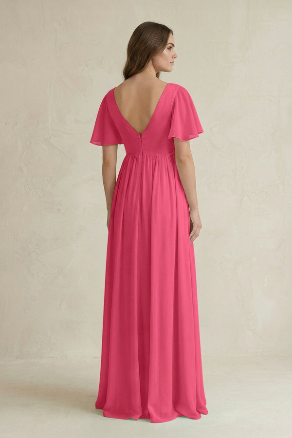 Short Sleeve V - Neck A - Line Chiffon Bridesmaid Dress in Fuchsia - SHE IS ME Bridesmaid Dresses