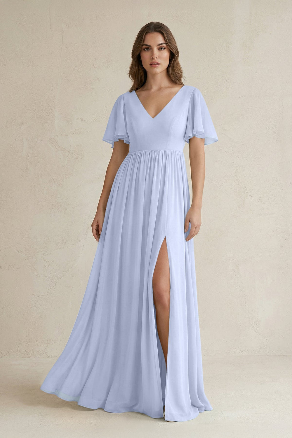 Short Sleeve V - Neck A - Line Chiffon Bridesmaid Dress in Ice - SHE IS ME Bridesmaid Dresses